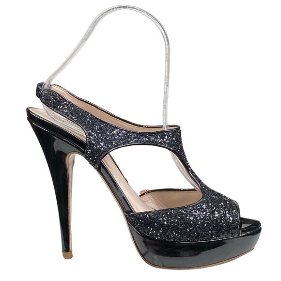 MIU MIU Women's Black Glitter Open Toe Heels Size 37.5 US 7.5 - Picture 1 of 12